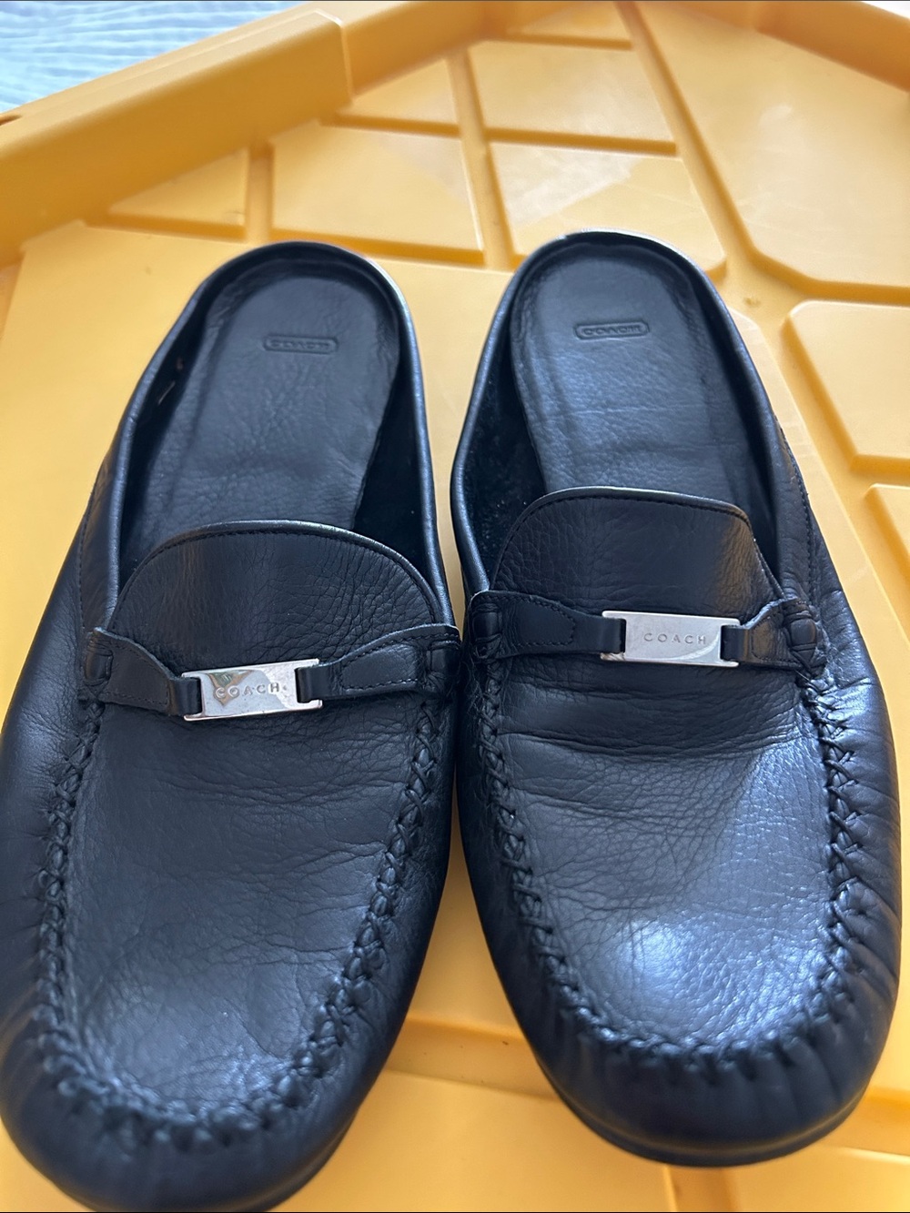 Coach Black Leather Slip-On Moccasin Loafers with Silver Hardware